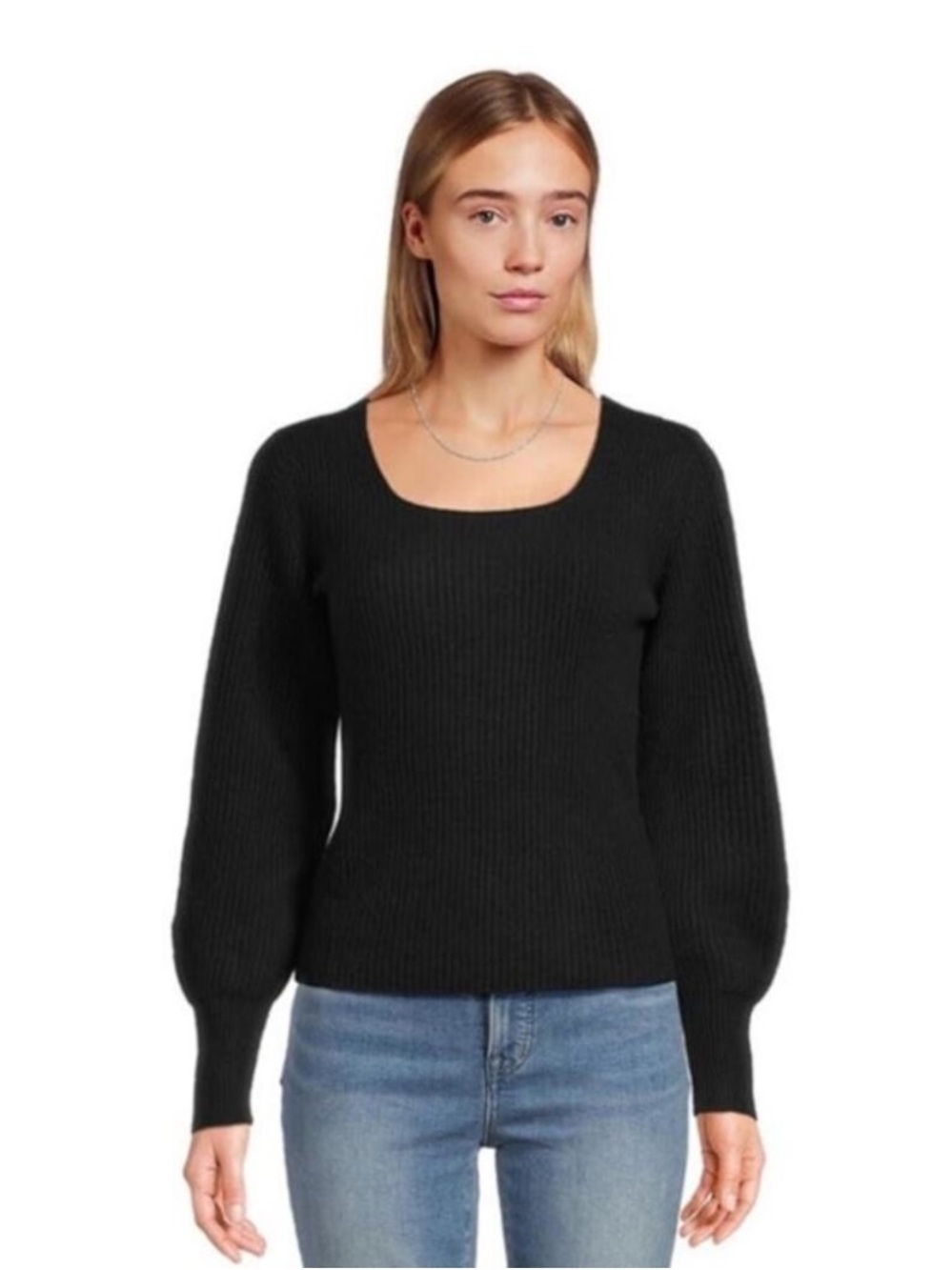 Madewell Black SoftWool Ribbed Square-Neck Pullover Sweater